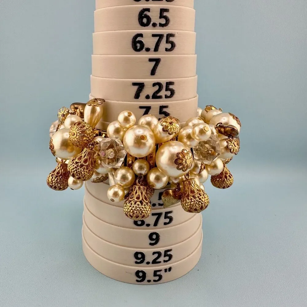 Vintage Cha Cha Bracelet Faux Pearl Filigree Ball Lucite Crystal Heart Expansion